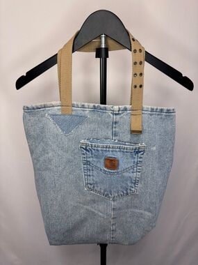 Carhartt Light Blue Denim Tote with Tan Straps